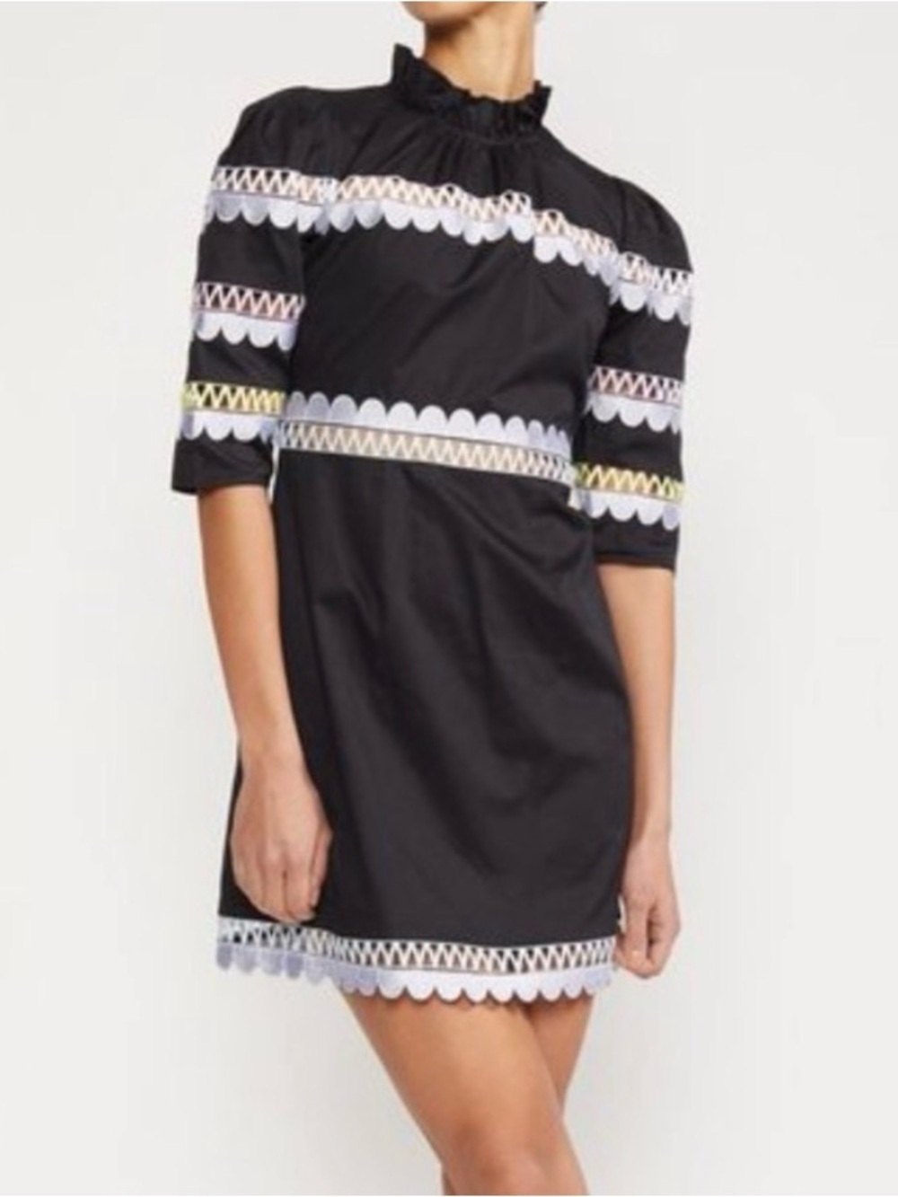 CYNTHIA ROWLEY WHITLEY SCALLOP EMBROIDERED BLACK DRESS RUFFLE NECKLINE SZ 8 NWT
